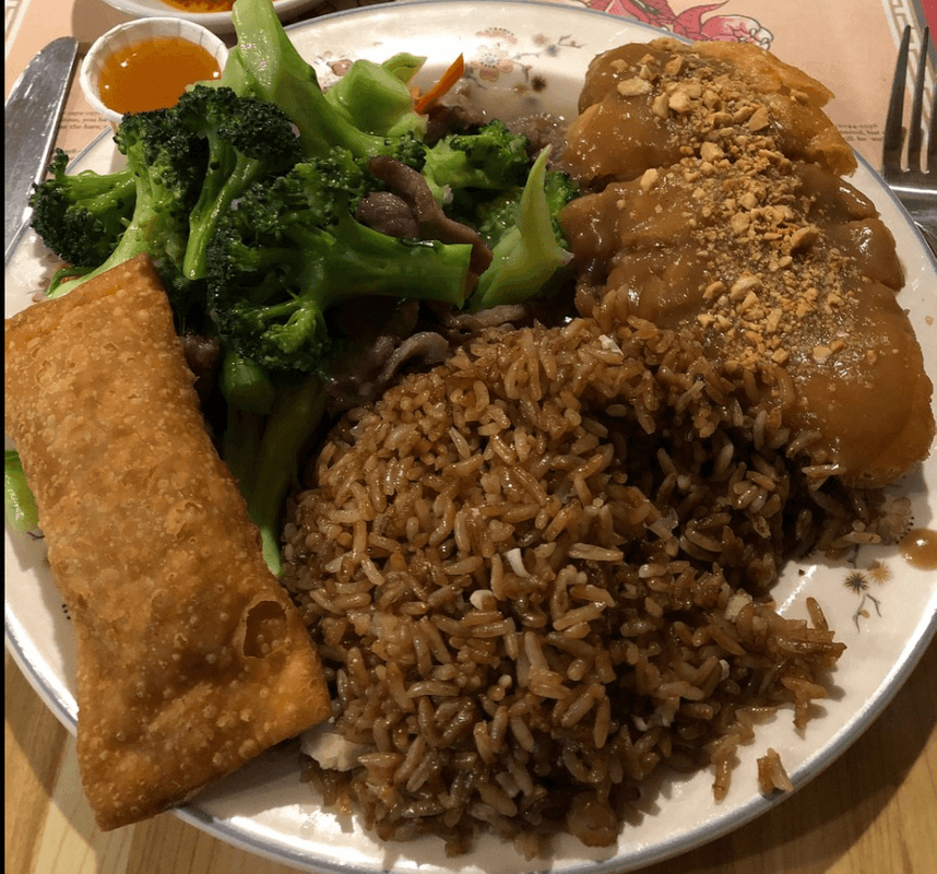 C-8. Egg Roll, Chicken Fried Rice, Beef with Broccoli, and Almond Chicken Soo Guy Combo