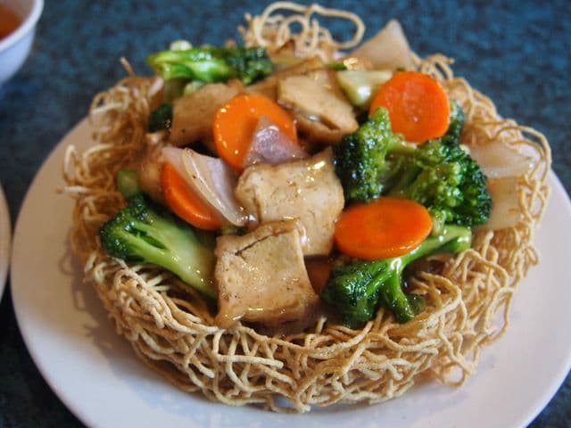 65. Crispy Vegetarian Chow Mein with Tofu, Broccoli, Carrots, and Onions
