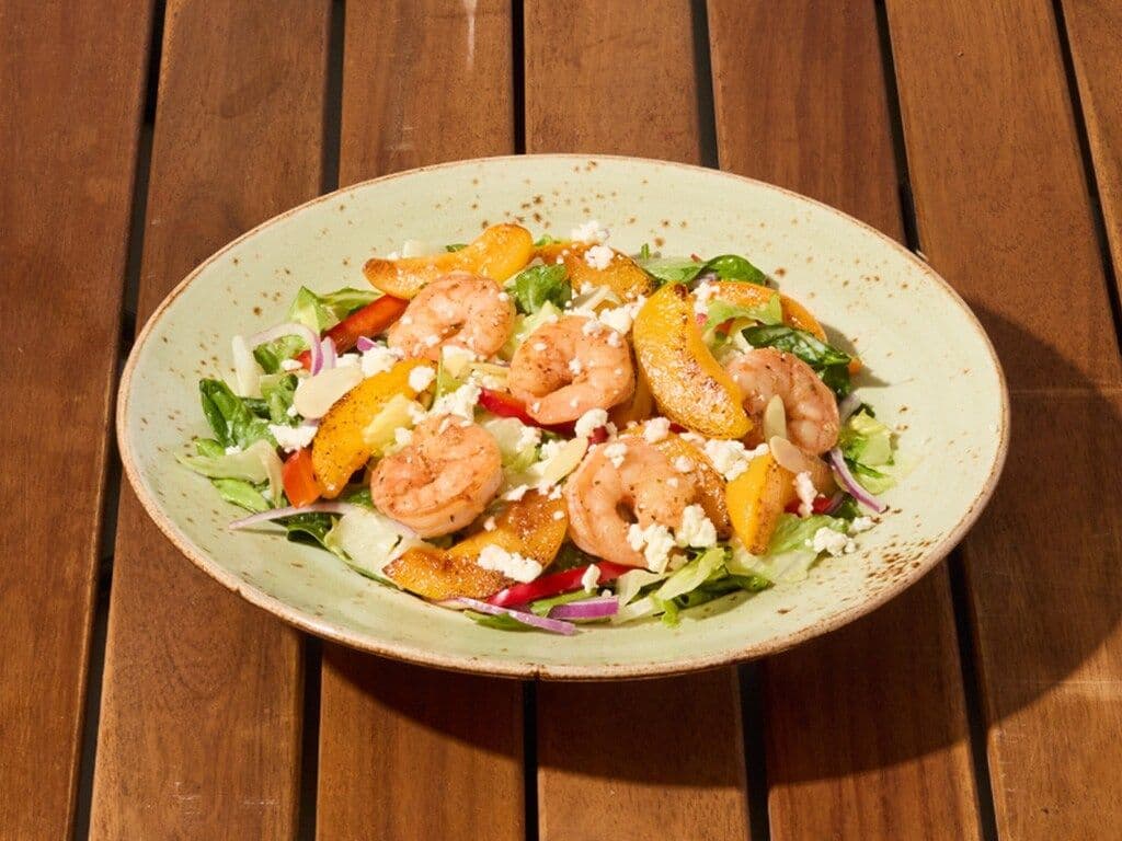 Roasted Peach & Feta Salad with Shrimp