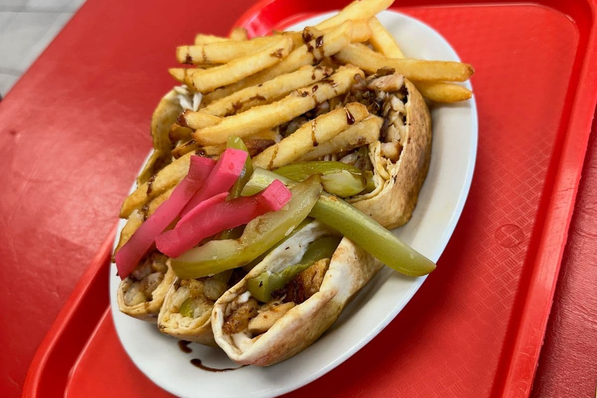 Arabic (Chicken or Beef) Shawarma Wrap in Plate with Fries, Pickles, and Garlic Sauce