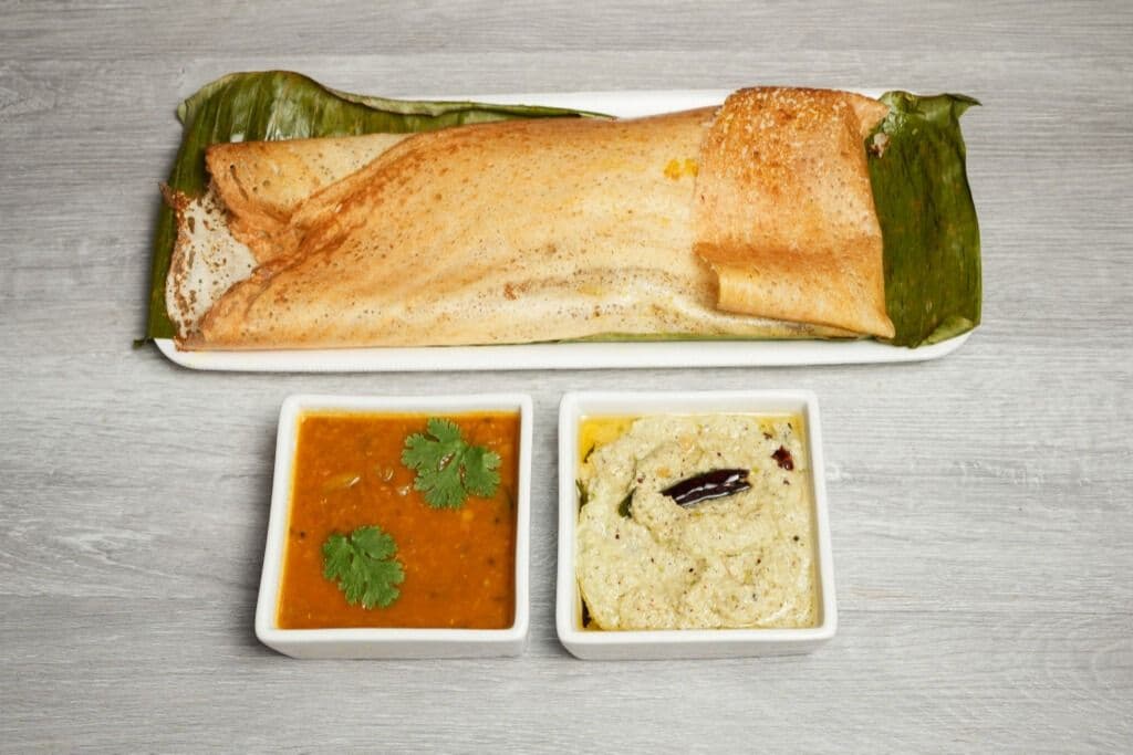 Plain Dosa with Sambar and Chutney - South Indian Style