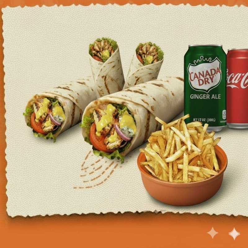 Pitas souvlaki (Chicken) with large fries and 2 drinks. / Pitas souvlaki (poulet ) avec grande frites et 2 boissons.