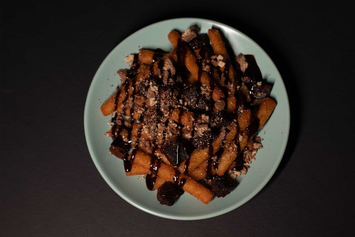 Decadent chocolate lovers funnel cake poutine