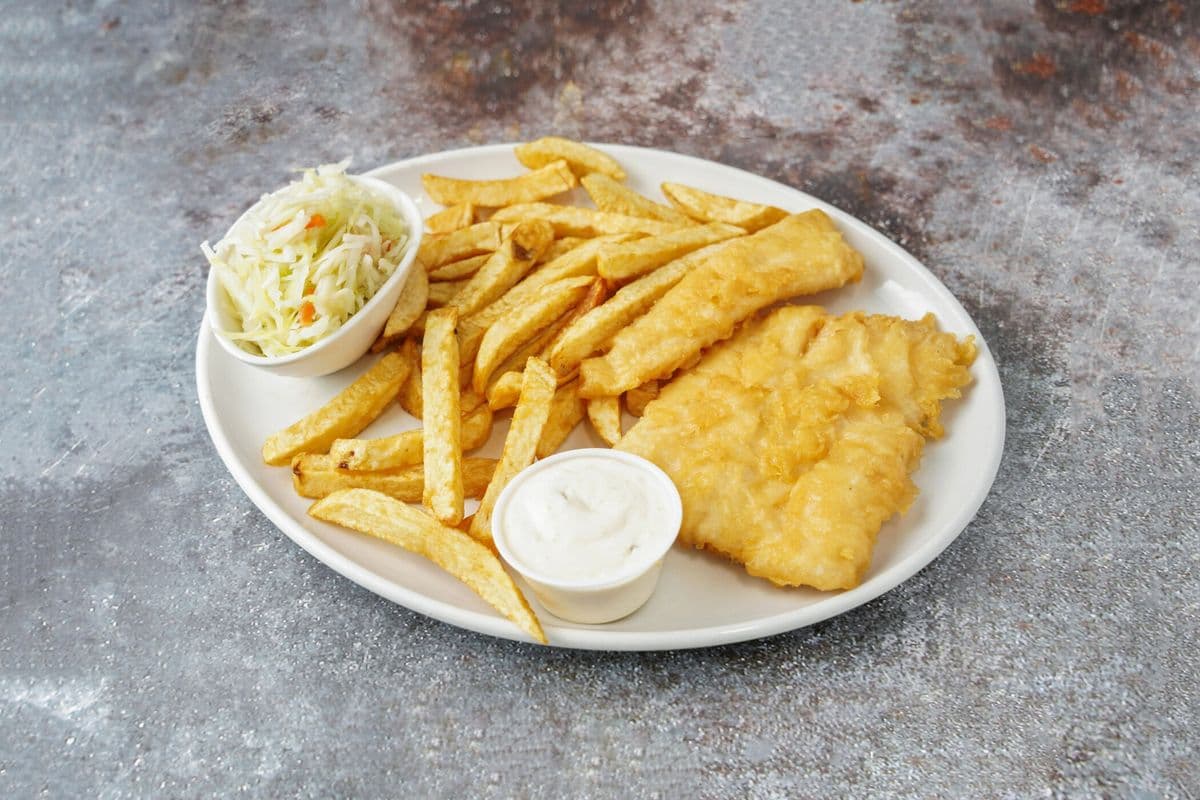 Halibut with Chips and Coleslaw