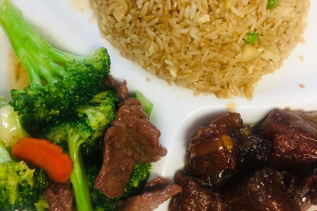 Combo No 11. Chicken Fried Rice, Beef Broccoli, Honey Garlic Ribs(Pork ribs)