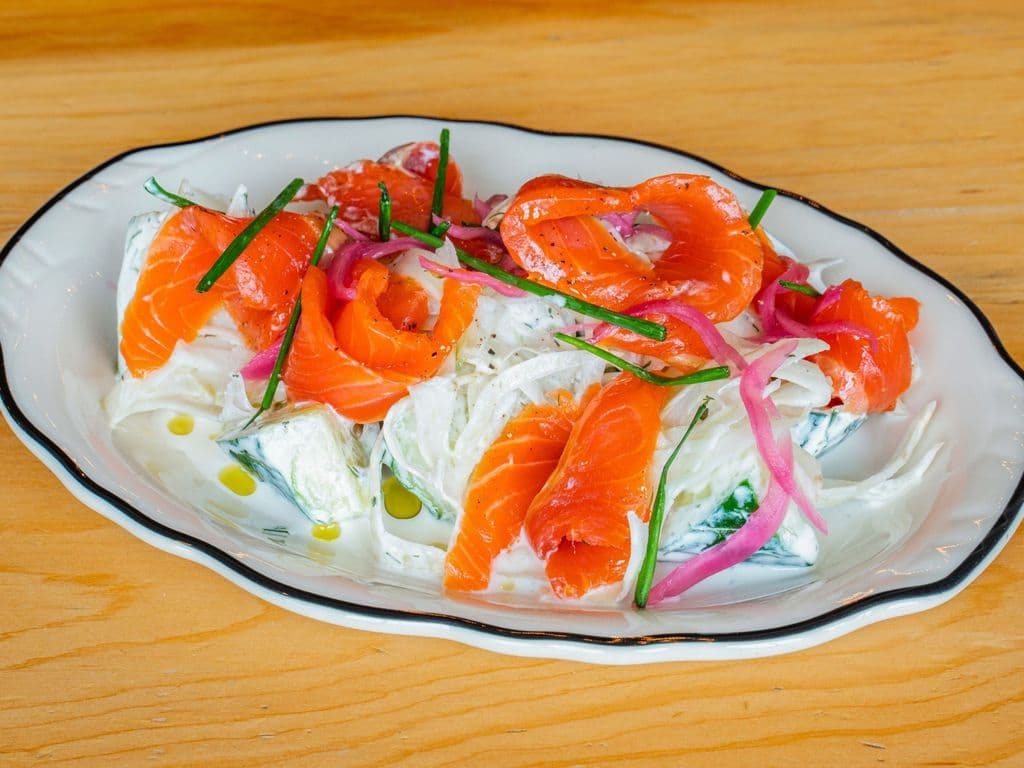 Trout gravlax, crème fraîche, fennel & cucumber salad