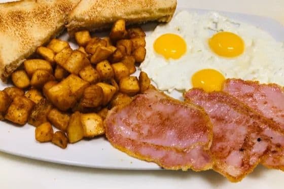 9. Peameal Bacon, Eggs, Toast, and Home Fries