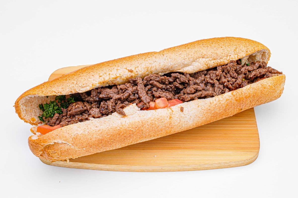 10" Beef and Lamb Cheesesteak Sub in a soft sub bun