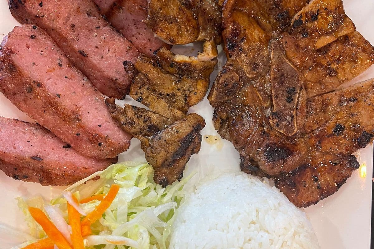 57. Grilled Lemongras Pork Chop, BBQ Minced Pork on Rice - Cơm Sườn, Nem Nướng