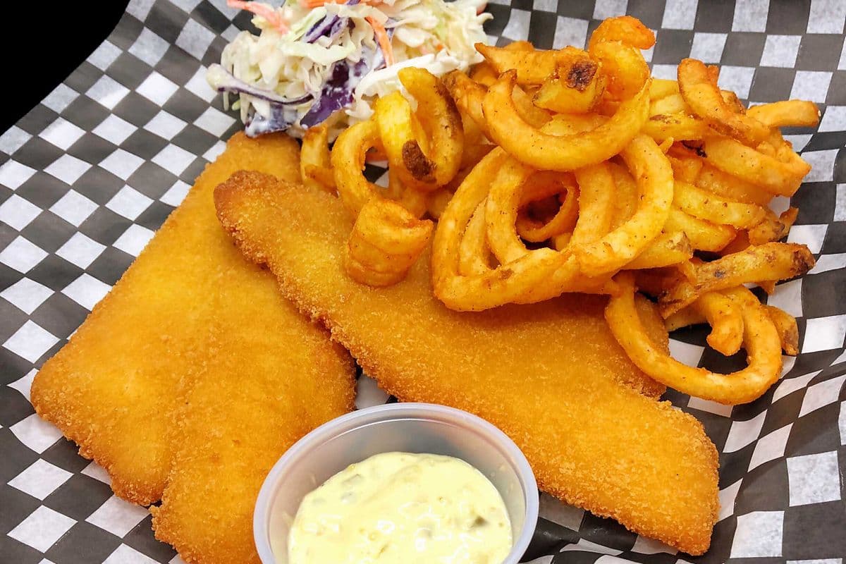 Two Pieces Fish and Chips and Tangy Coleslaw with Tartar Sauce