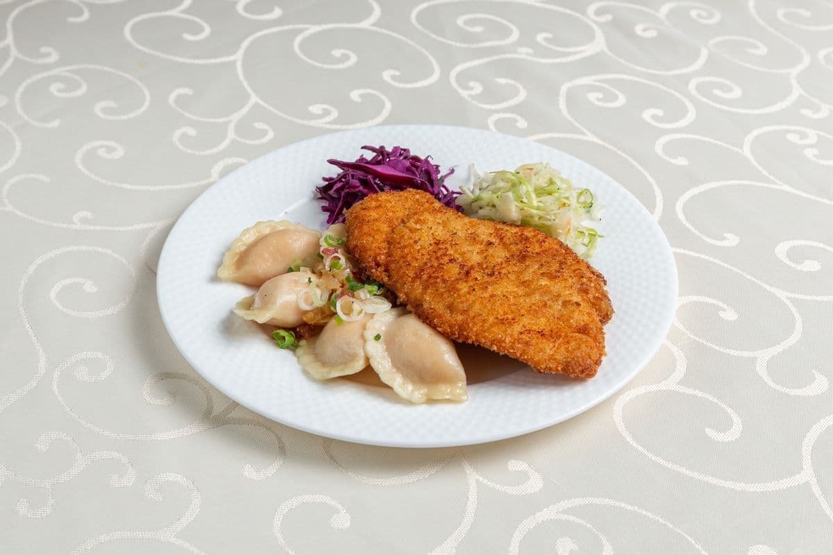 Pierogi with Chicken Schnitzel & Coleslaw