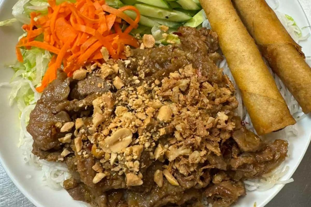36A Satay Beef , Spring Roll on Vermicelli