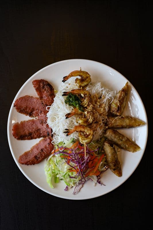 33. Prawn Brochette, Spring Rolls, and Grilled Minced Pork