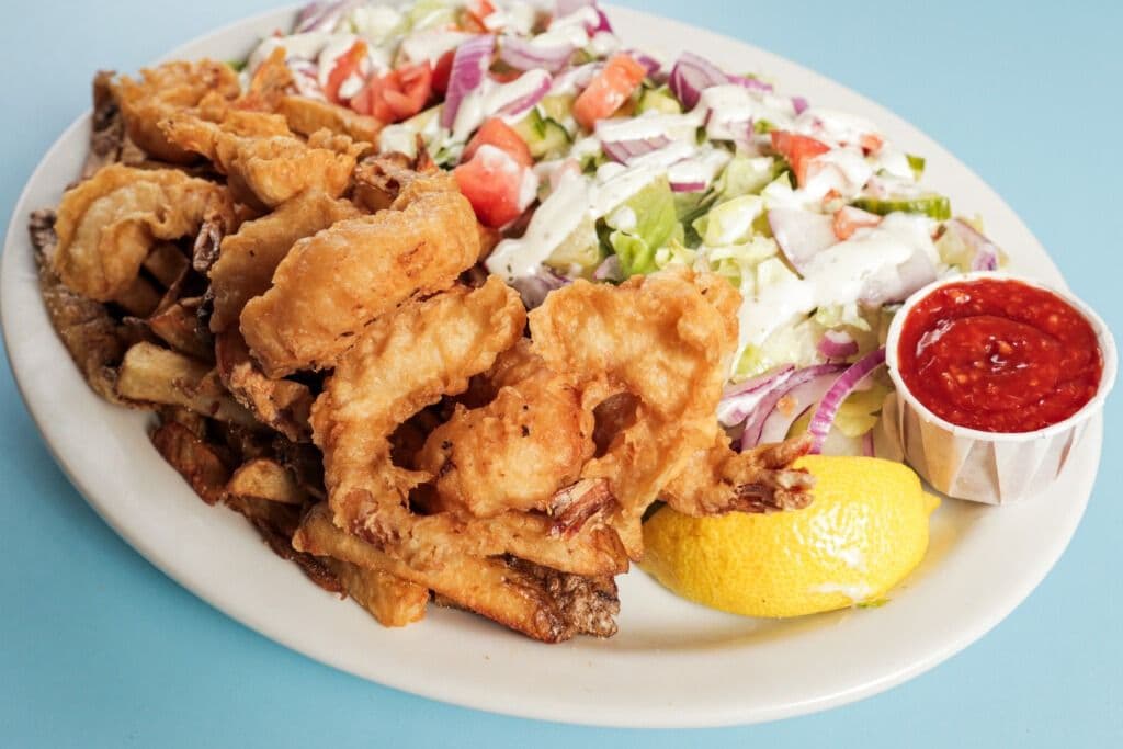 Nine Shrimp or Scallops, Salad, and Chips
