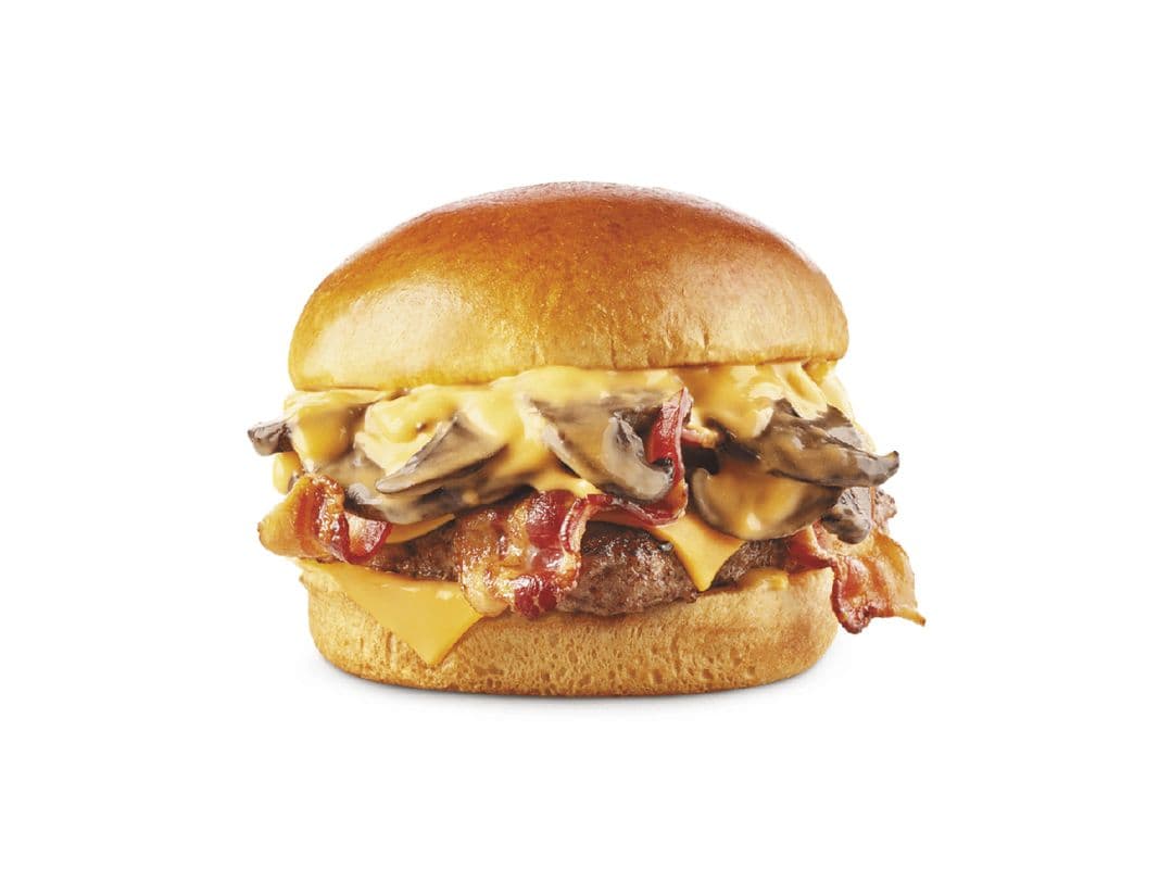 Hamburger bacon champignons Portabella fromage fondu / Bacon Portabella Mushroom Melt (Cals: 680)