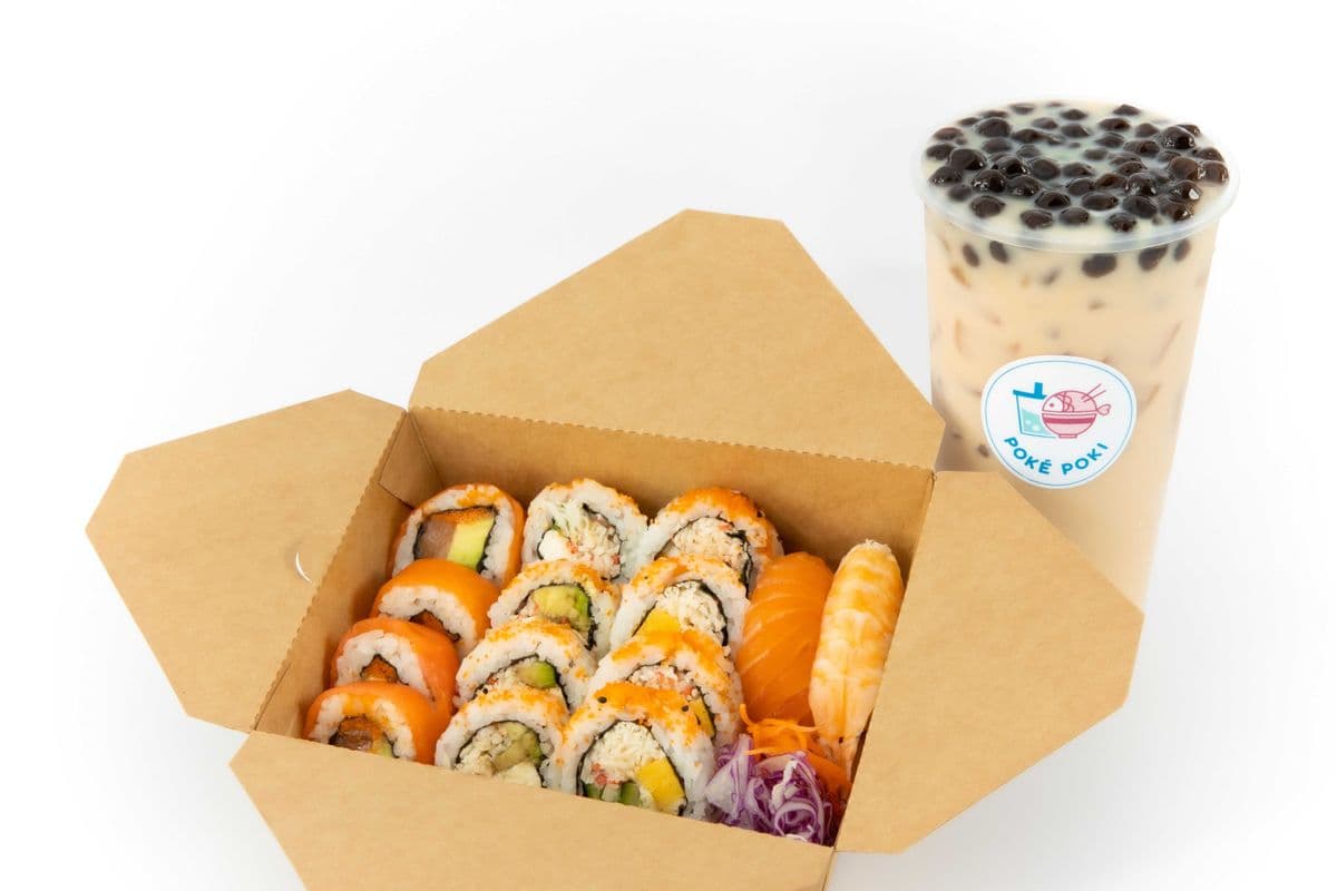 Sushi Combo 2 et Signature Thé au Lait avec perles de tapioca (14 Mcx) / Combo 2 Sushi and Signature Milk Tea with tapioca pearls (14 Pcs)