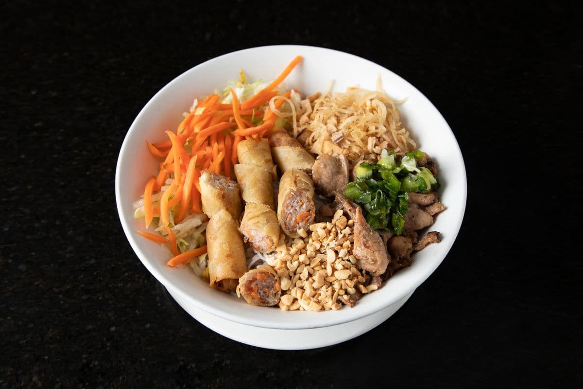 38. Shredded Pork, BBQ Pork, and Spring Rolls with Vermicelli - Bun Bi Heo Nuong Cha Gio