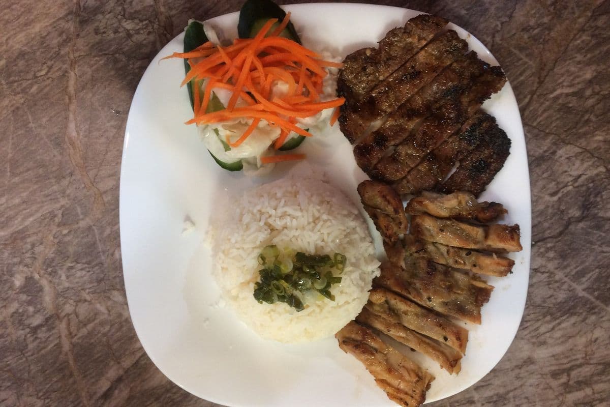 C56. Grilled Pork & Grilled Chicken Rice Dish/ Com Thit Heo Nuong & Thit Ga Nuong