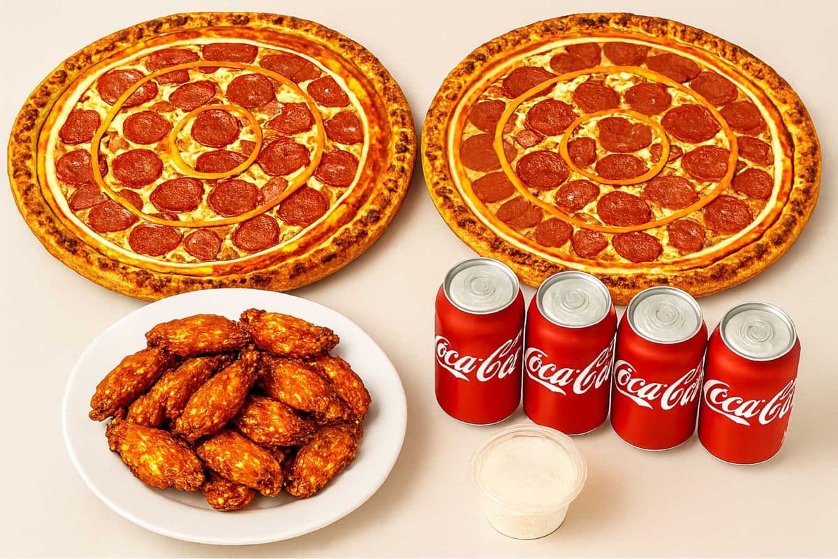 One Extra Large Chicken Shawarma Pizza, Wings (14 pcs), Four Pops, and Two Dips