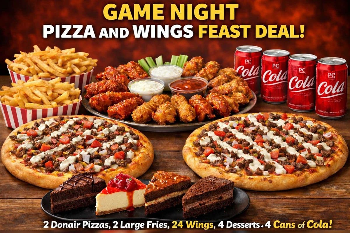 Pizza and wings feast (2 Donair pizzas, 24 wings, 2 regular fries, 4 cakes and 4 cans)