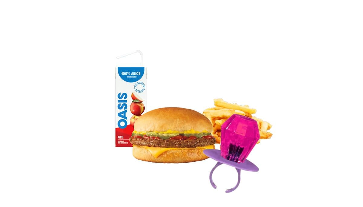 Repas Burger Enfant (burger, frites, jus, et bonbon RingPop)