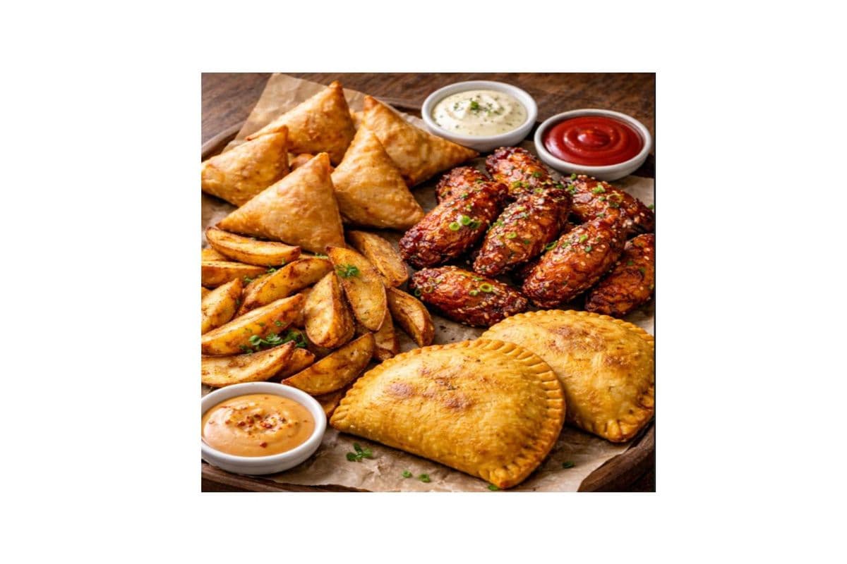 5 Samosa with 5 chicken wings, Wedges, and 2 Beef Patties