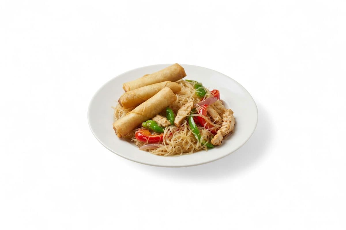 Chicken Pancit Noodles with 3-Piece Spring Rolls or Donair Rolls