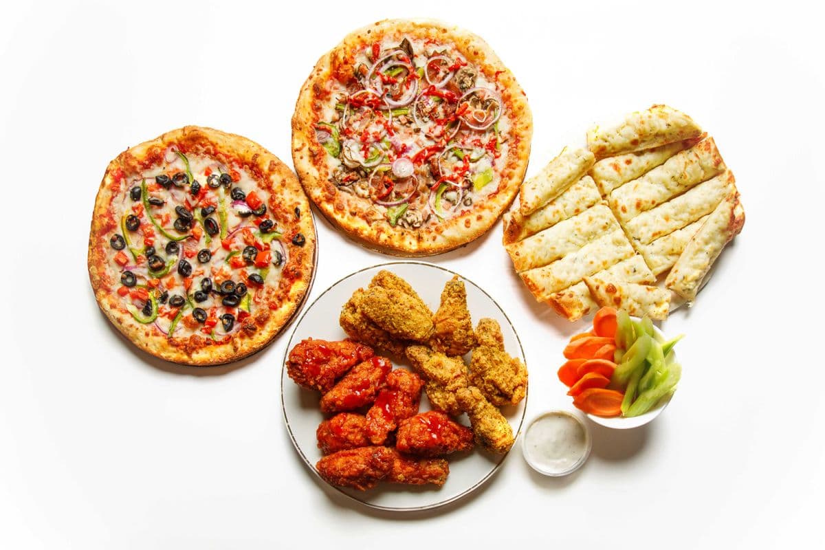 2 Large Pizzas and Chicken Wings (2 lbs) with Garlic Bread or Planet Sticks with Cheese