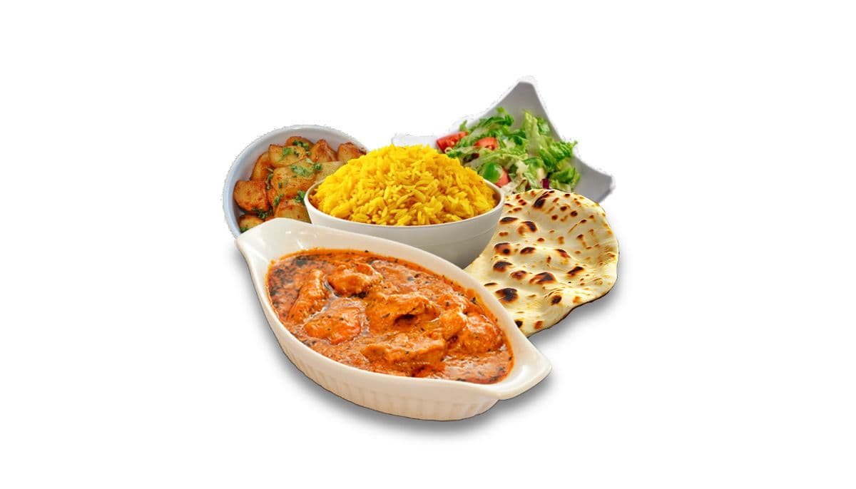 Repas poulet au beurre / Butter chicken meal (riz, patate, naan, salade)