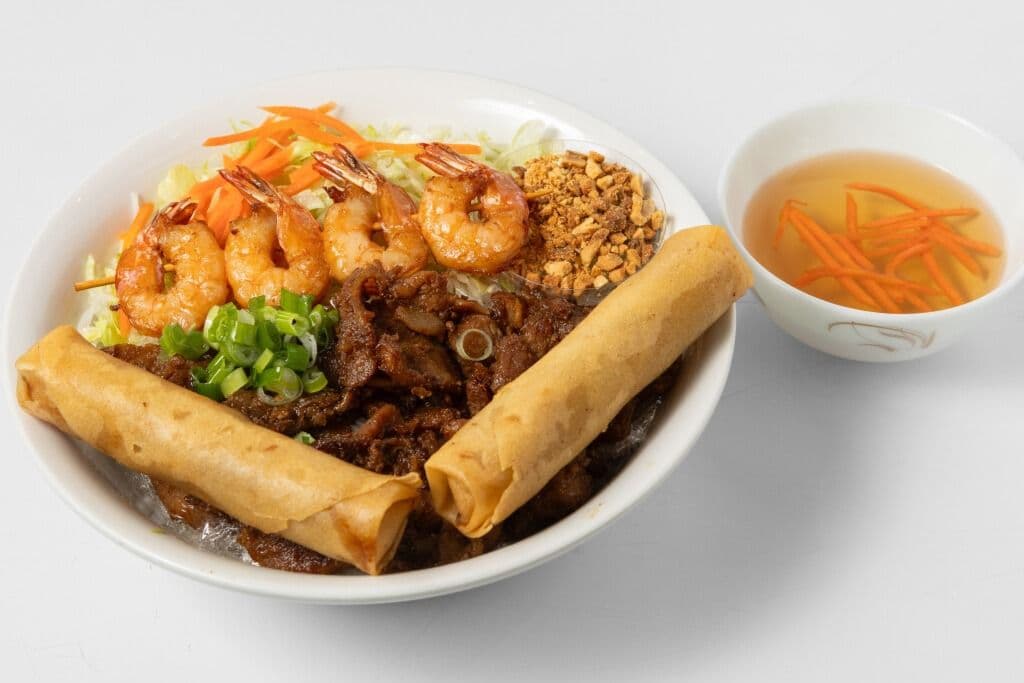 V5. Grilled Prawn and Spring Rolls (2 pcs) on Rice Vermicelli