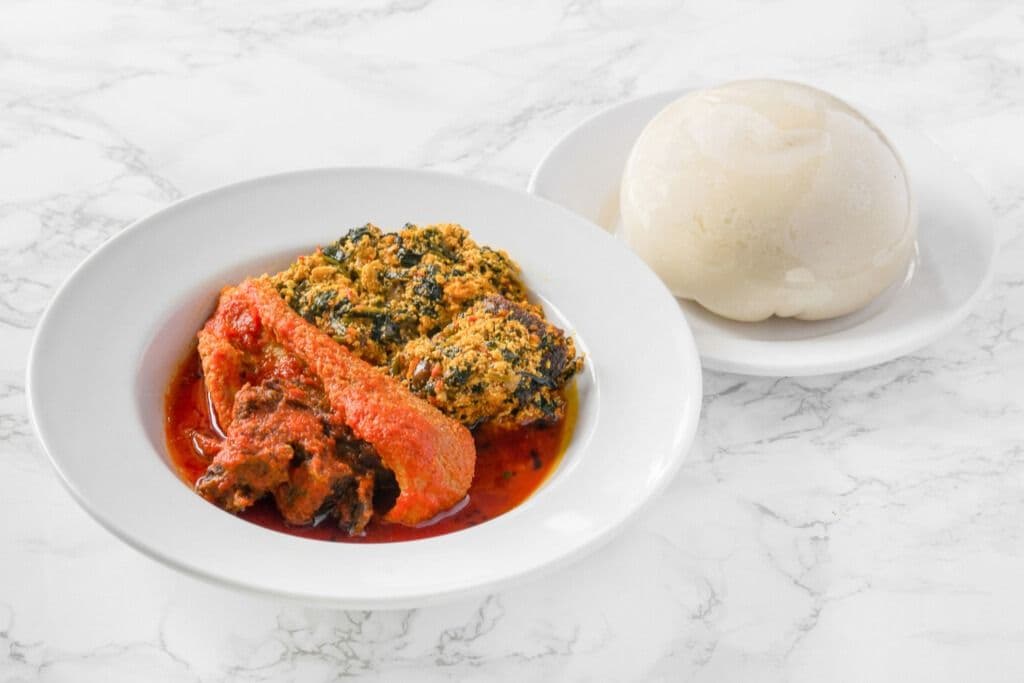 Poundo, Egunsi Soup (Melon Soup), and Diced Protein