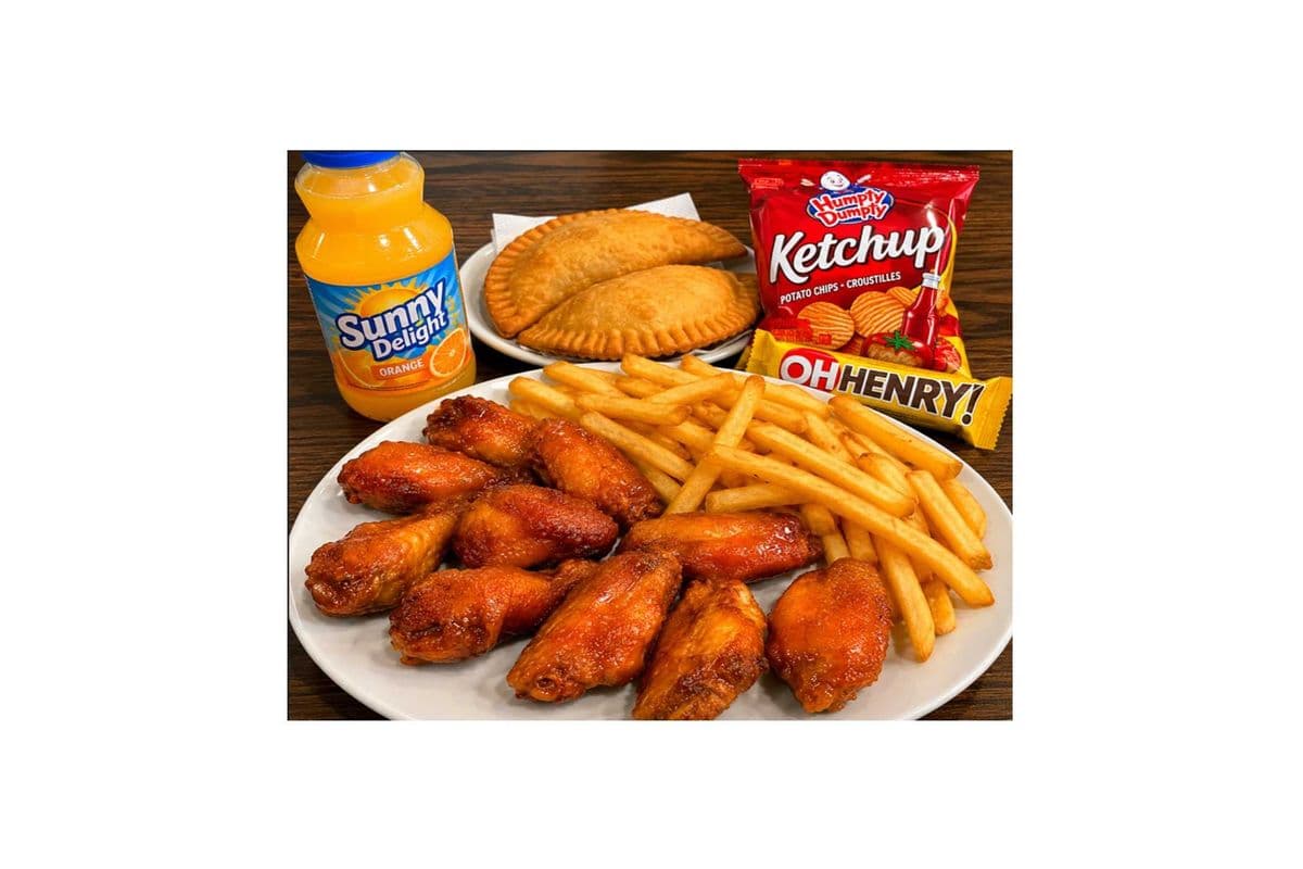 Chicken Wings (10pcs), French Fries, 2 Cheese Panzerotti, O-Henry, Sunny Delight, Ketchup Chips