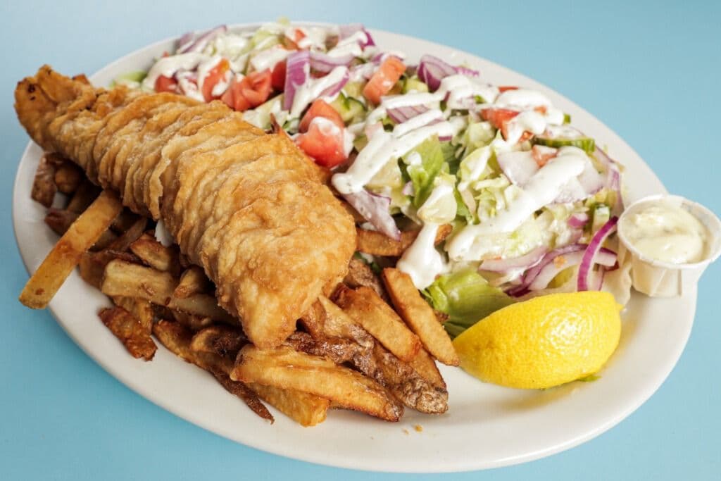 One Piece Cod, Chips, and Salad