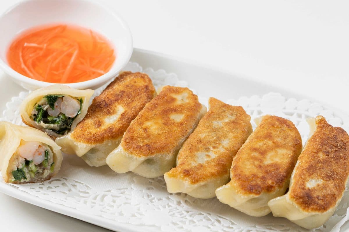 006. Pan-Fried Shrimp, Pork, and Garlic Chive Dumplings (6 pcs)