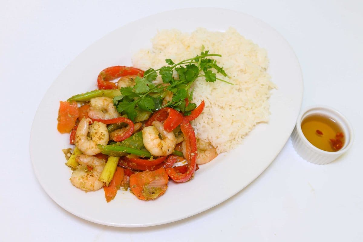74. Spicy Stir Fried Lemongrass Shrimps and Vegetables on Steamed Rice