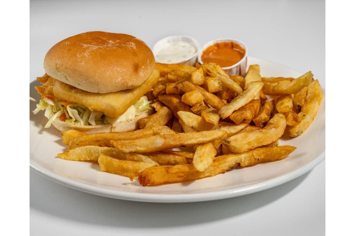 Halibut Fish Burger and Chips