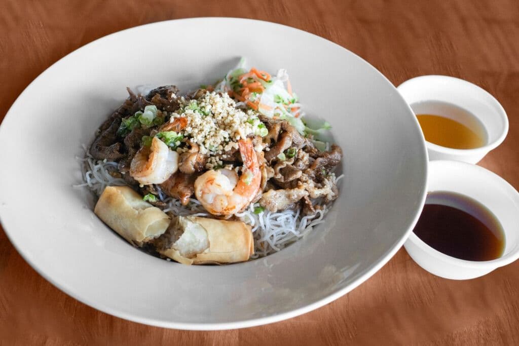 34. Vermicelli, Vegetables, Grilled Beef, Pork, Chicken, Shrimp, and Spring Roll