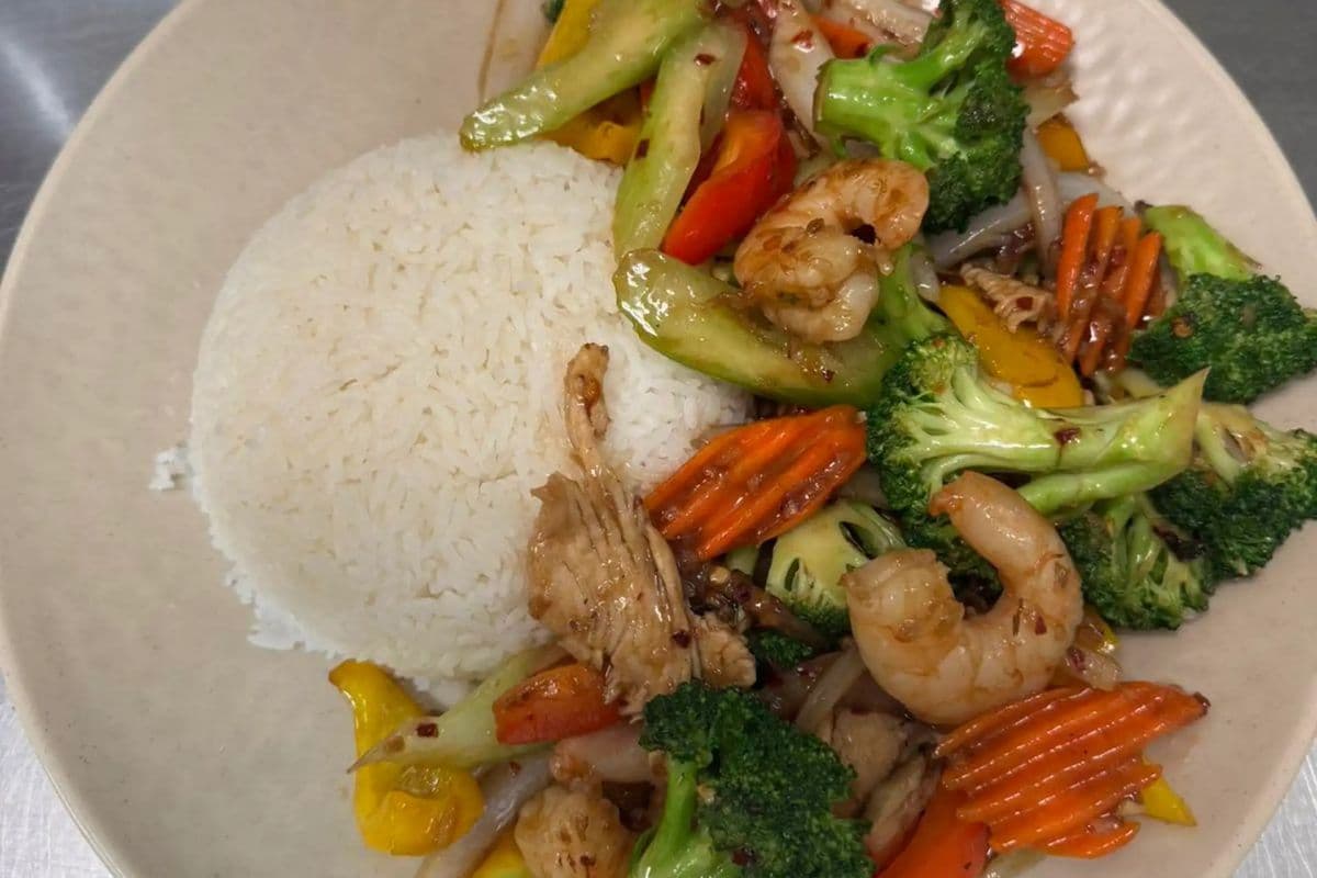 56. Stir-Fried Chicken , Shrimp with Mixed Vegetables on Steamed Rice