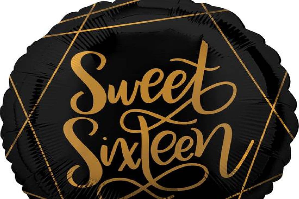 18" Foil Balloon -Round Shape - Sweet Sixteen ( Black Background with Golden Writing)
