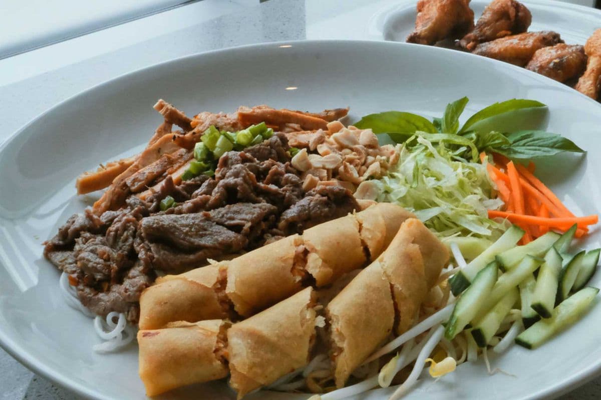 39E. Satay Beef, Satay Chicken, and Spring Rolls on Rice Vermicelli