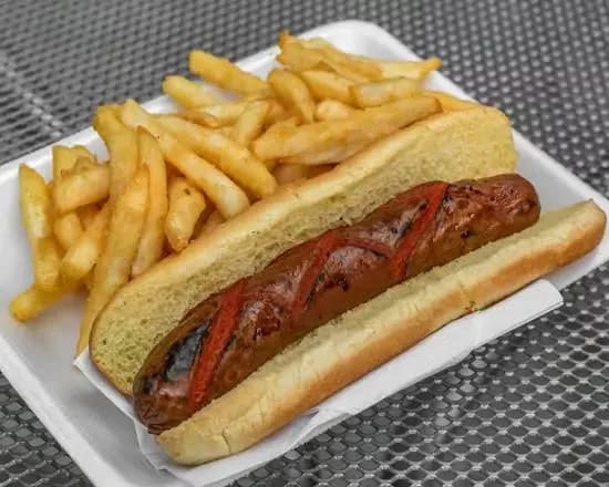 Jerk Chicken Hot Dog with Fries