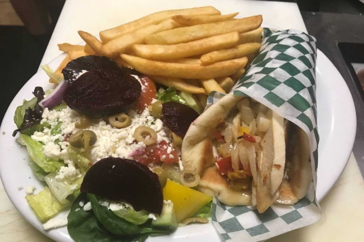 Chicken Gyro Deluxe with Fries and Greek Salad