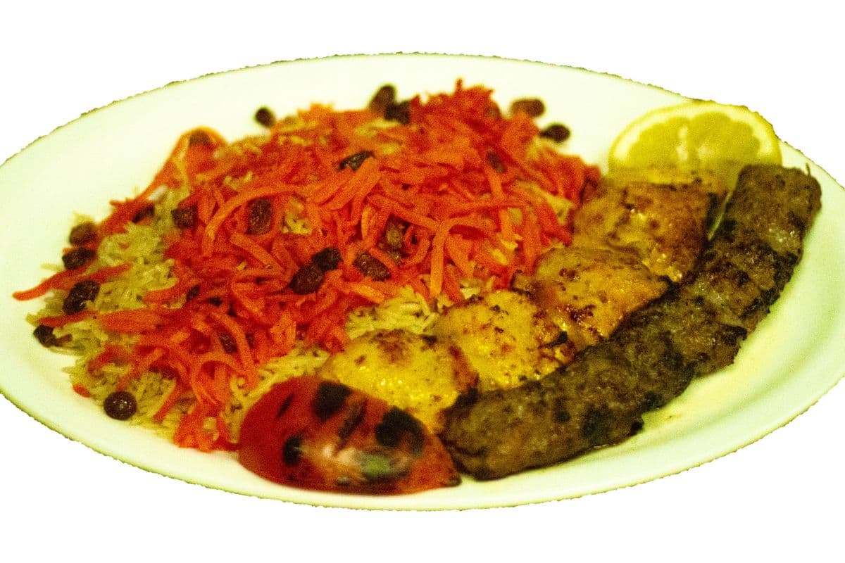 6. Kabuli Rice with Chicken Tikka and Beef Shamie Kabab