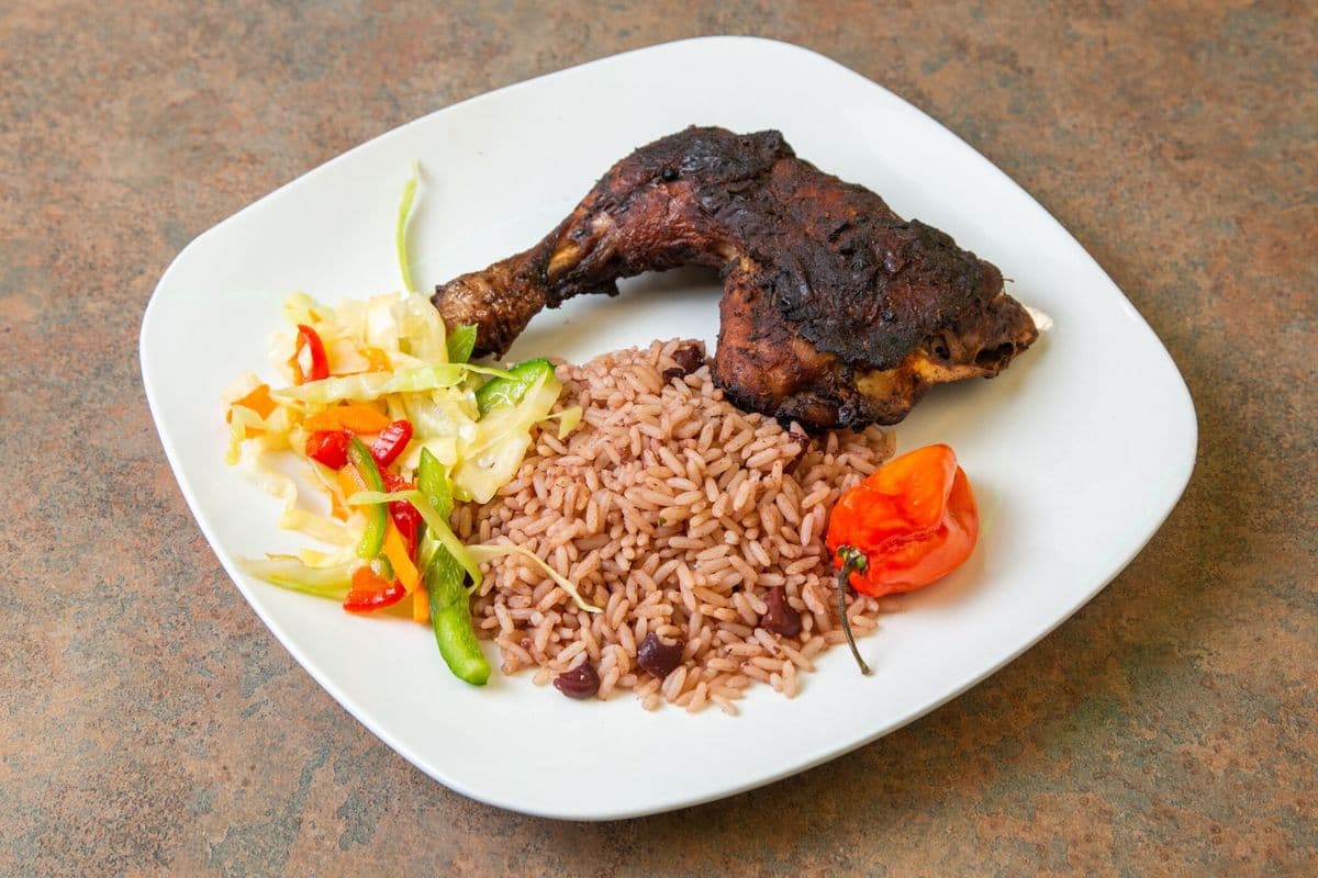 Jerk Chicken with Rice and Peas, and Steam Veggies