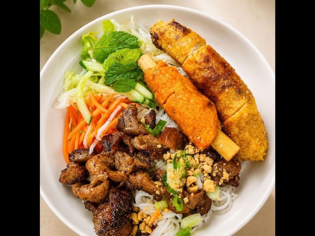 405. Grilled Pork Spring roll and Minced Shrimp on Sugar Cane with Vermicelli Noodles