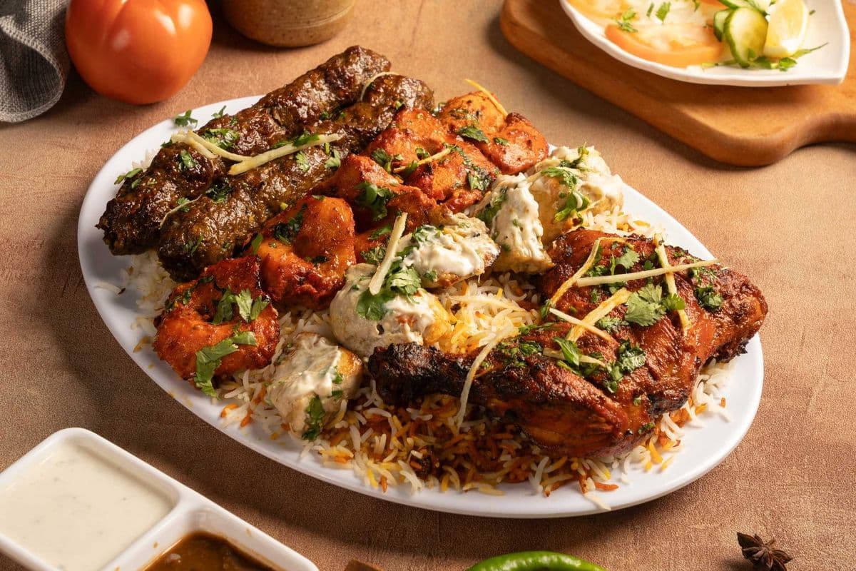 Family Mix BBQ Platter with Biryani Rice with Chicken Seekh Kabab
