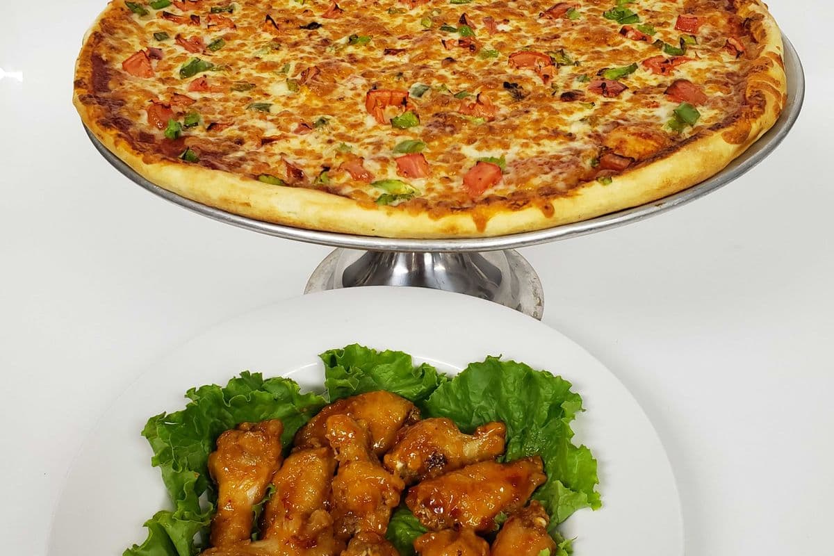 One 11" Medium Pizza with Two Toppings and Half Order of Wings