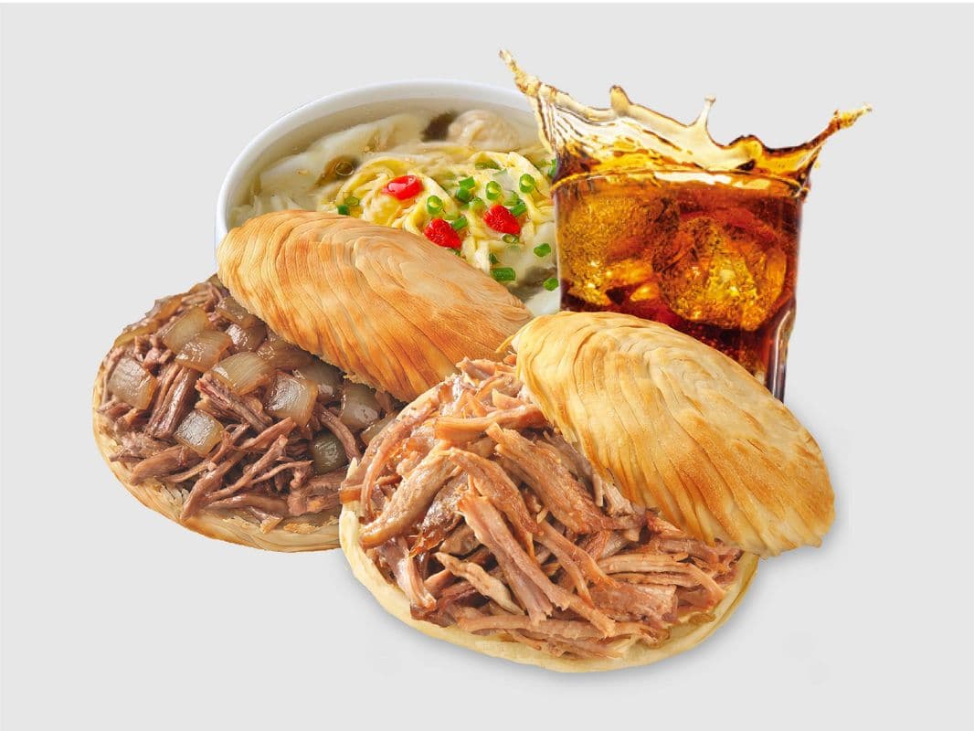 2 Crispy Burger + 1 Wonton Soup + 1 Drink (Special Combo) / 两个肉夹馍 + 一份鲜汤小馄饨 + 饮料 （特惠套餐）