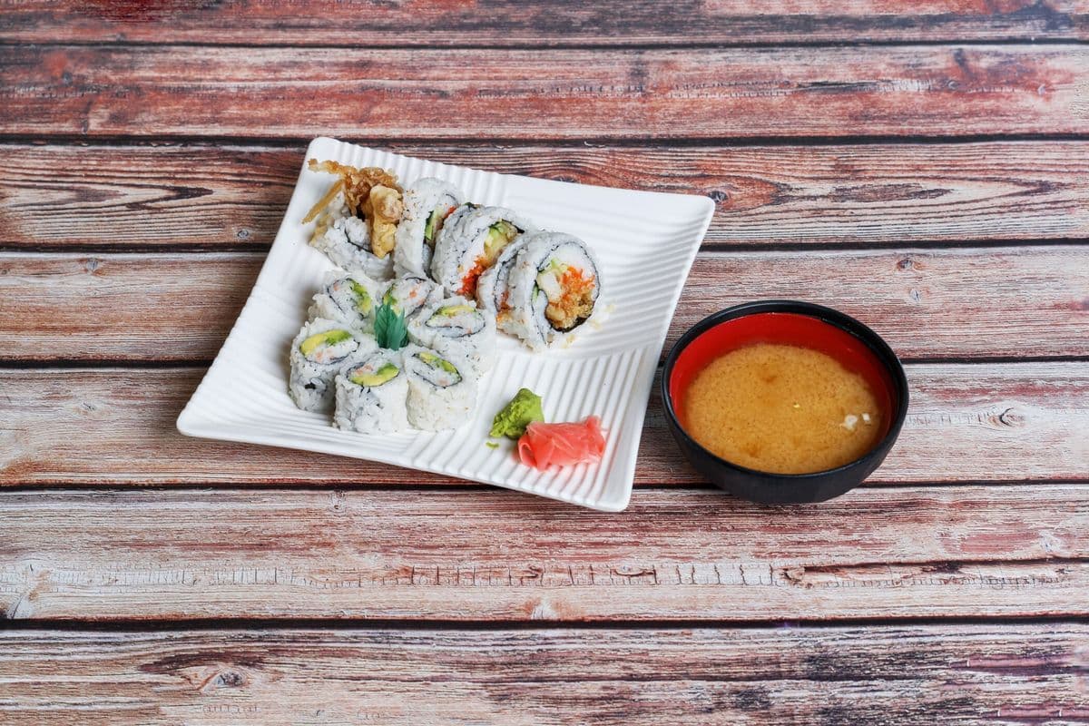 C14. Dynamite Roll, California Roll and Miso Soup Minato Combo