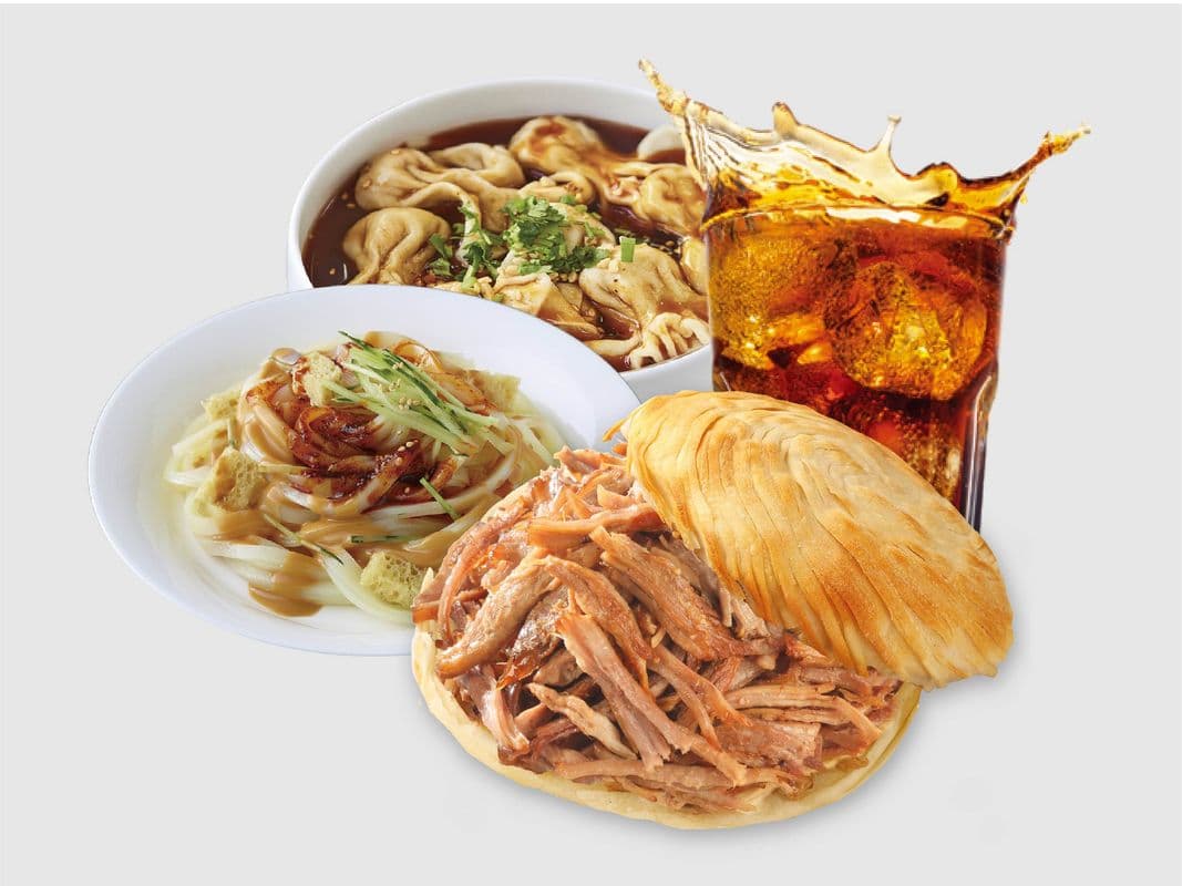 Crispy Burger + Chili Oil Wonton + "LiangPi" Cold Noodle + Drink (Special Combo) / 肉夹馍+红油小馄饨+凉皮+饮料（特惠套餐）